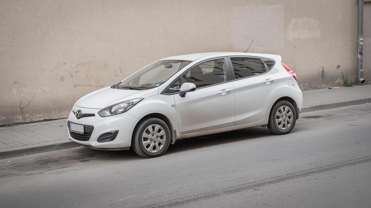 Compact white hatchback from the rental fleet parked on a Kyiv street
